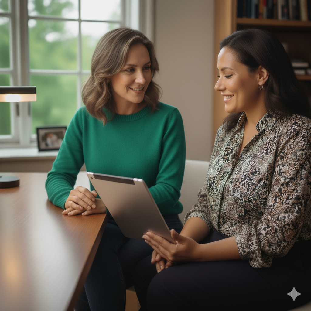 Two woman sitting in a well lit home office working together using an ipad to discuss menopause symptoms, this is what it looks like during a nurse-led menopause strategy session, both a looking in control, peaceful, optimistic and feeling well.